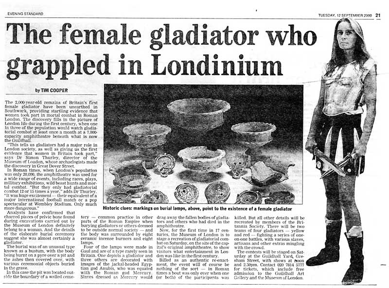 Gladiatrix Article in Evening Standard 12th September 2000