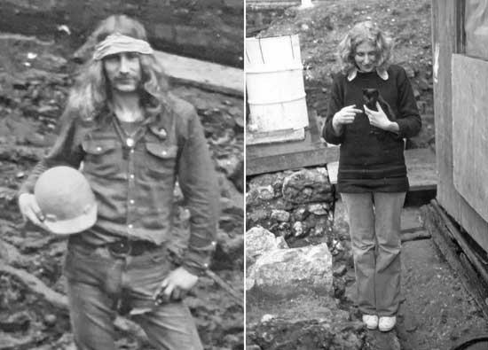1970s Archaeological Fashion: Gustav (left) and Chrissie (right) with obligatory plimsolls and  stray cat
